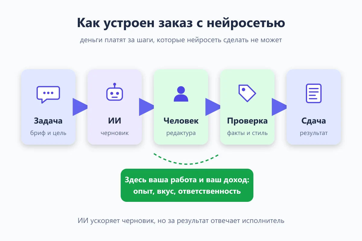 схема заказа с нейросетью: черновик ИИ и редактура человеком