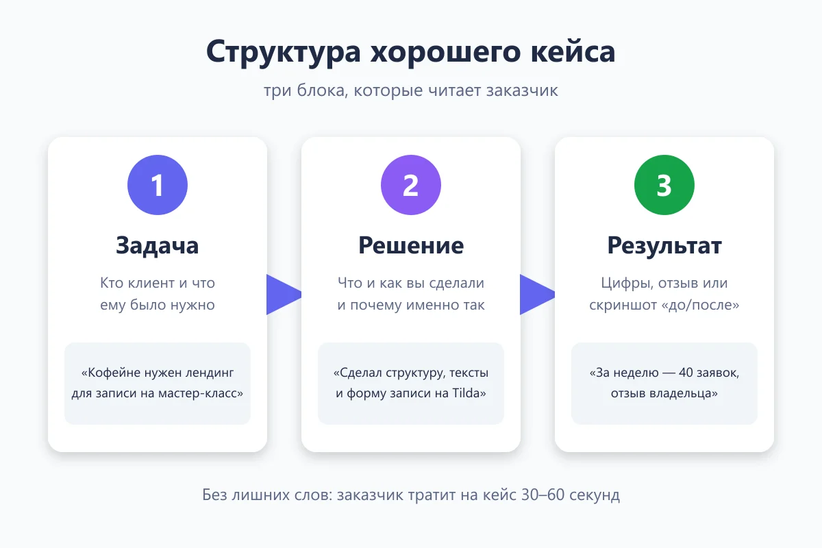 структура кейса в портфолио: задача, решение, результат