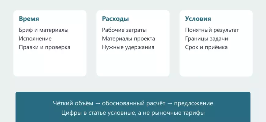 Схема расчёта цены проекта из времени, расходов и согласованного объёма работы